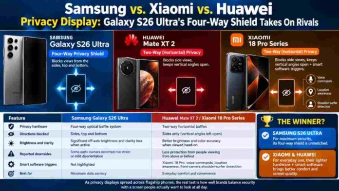 Samsung Galaxy S26 Ultra, Xiaomi 18 Pro and Huawei Mate XT 2 side by side comparing built-in privacy display screens